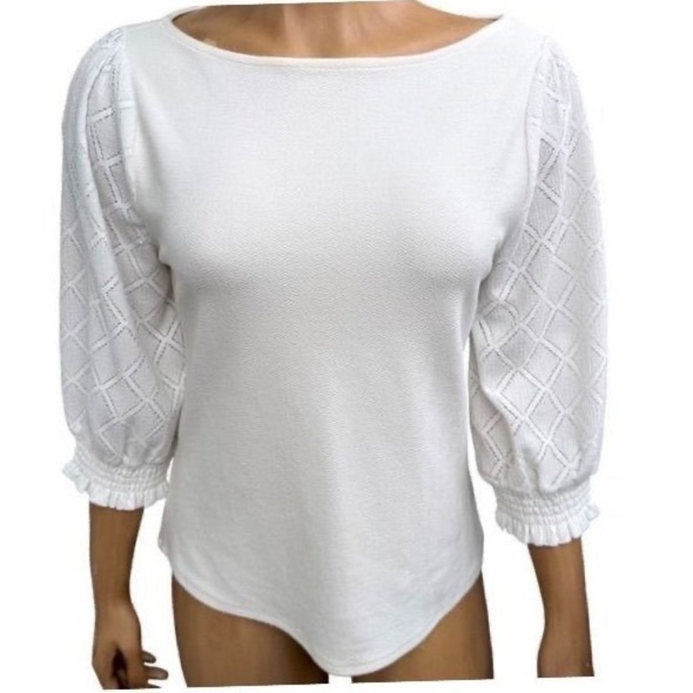 RW&CO Puff Sleeve Viscose Blend Top Cream Lattice Texture Coquette Romantic M